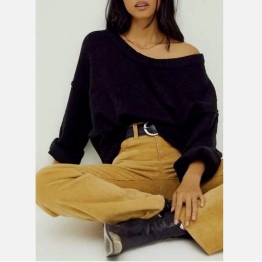 Free People Brookside Scoop Neck Oversized Tunic Sweater Black Size L